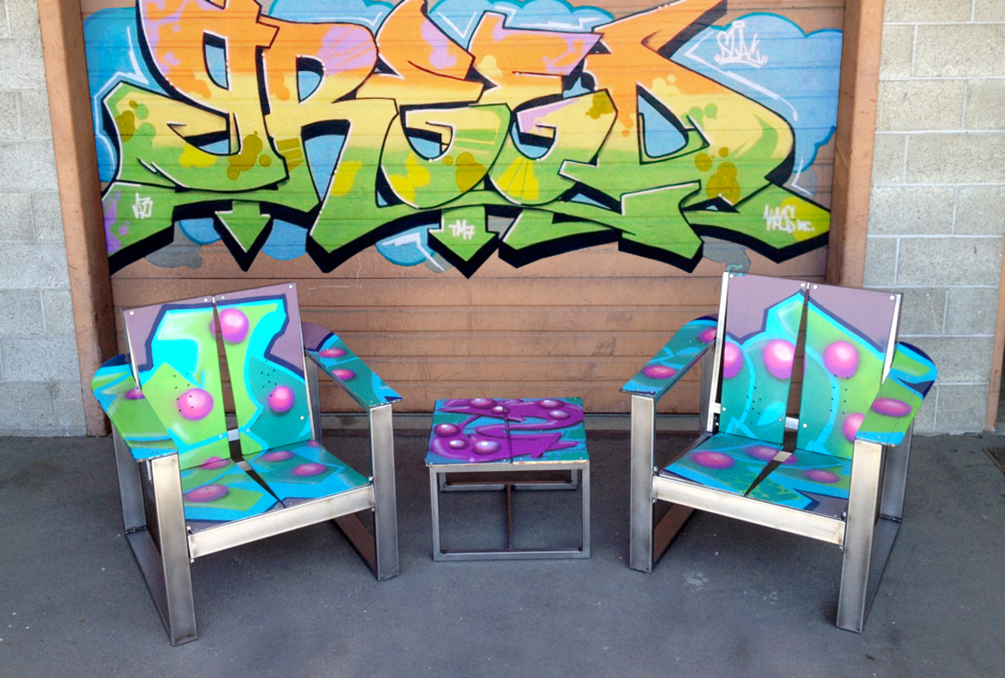 greed graffiti upcycled snowboard chairs